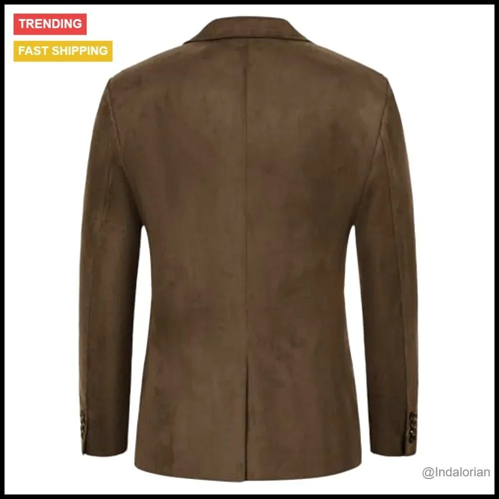 Faux Leather Blazer Modern Fitted Suede Sport Coat Casual Two Button Jacket